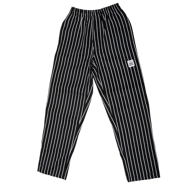 Chef Revival unisex pinstripe chef pants with white stripes on black fabric.