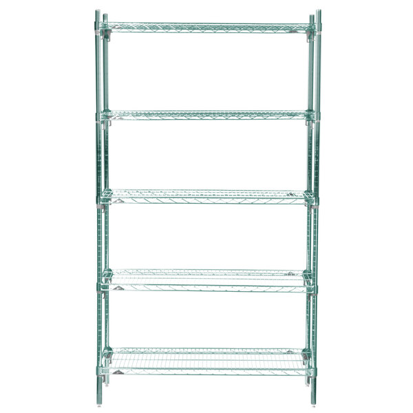 A green Metro Super Erecta wire shelving unit with four shelves.