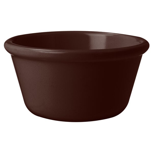 A brown smooth melamine ramekin.