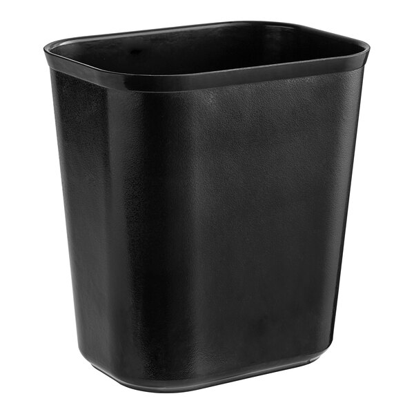 A black Rubbermaid rectangular plastic wastebasket.