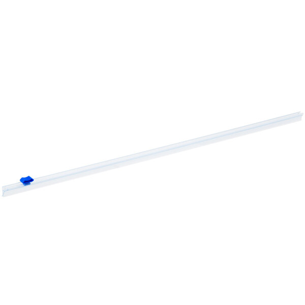 A white plastic tube with a long white plastic object and a blue clip.