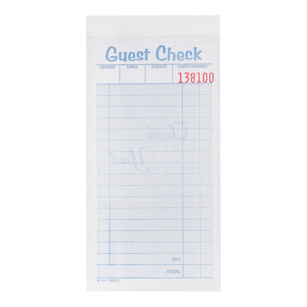 A blank guest check pad with blue lines and a red check number at the top right.