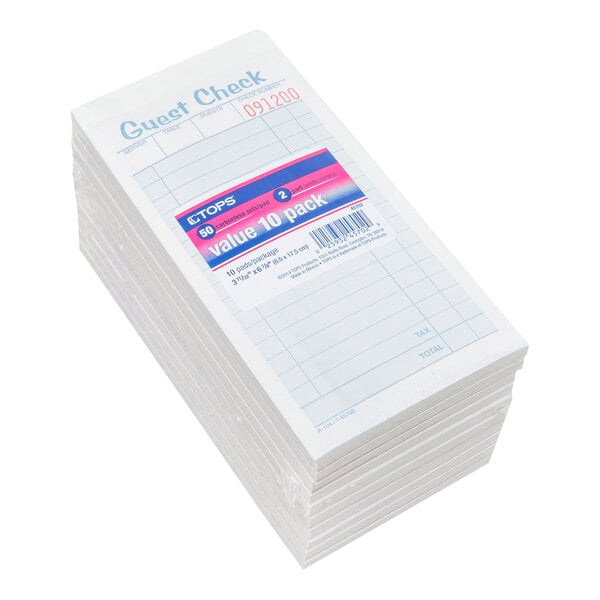 A stack of white guest check pads with blue and red printing, labeled as a value 10 pack.
