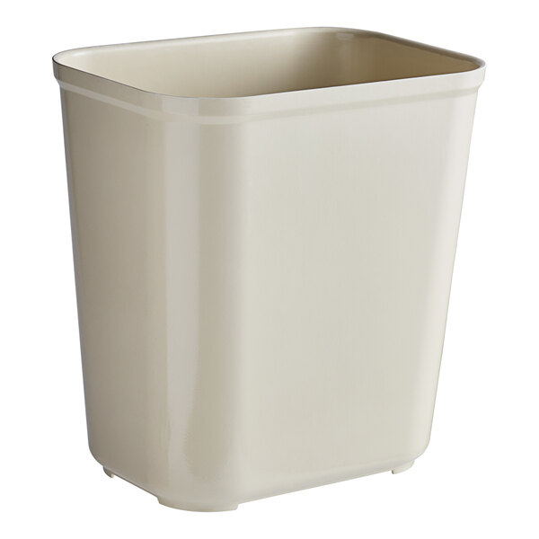 A beige rectangular plastic Rubbermaid wastebasket.