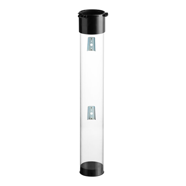 A clear plastic wall-mount ice cream cone dispenser with black end caps.