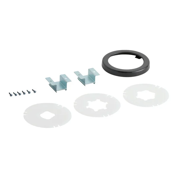 A wall-mount plastic ice cream cone dispenser kit with mounting brackets, screws, a black ring, and three translucent inserts.