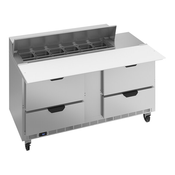 A Beverage-Air 60" refrigerated sandwich prep table with 4 drawers and a cutting board on a stainless steel counter.