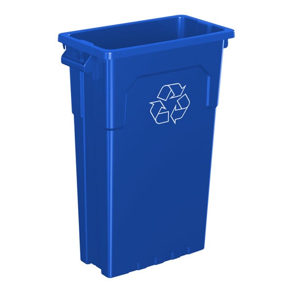 A blue rectangular slim recycle bin with a recycling symbol on the front.