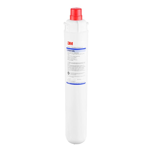 A 3M water filter cartridge with a red cap.