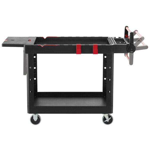 A black Rubbermaid utility cart with wheels.