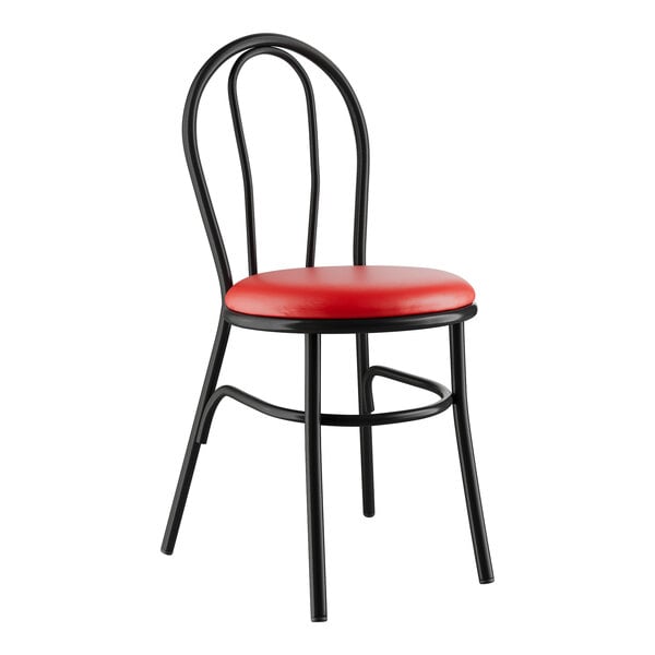 A black metal Lancaster Table & Seating hairpin chair with a red vinyl seat.