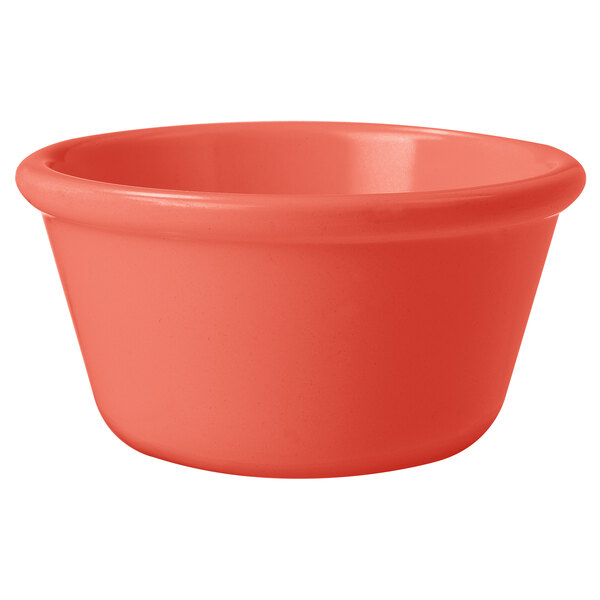 A red and orange smooth melamine ramekin.