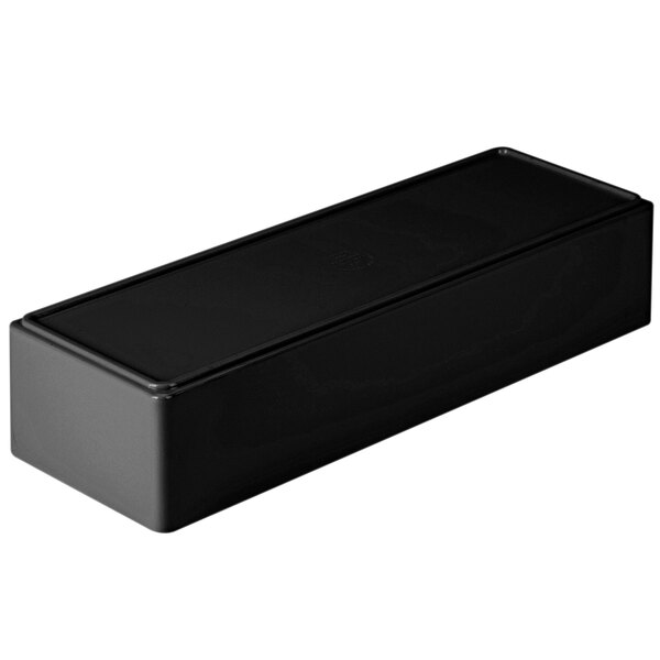 A black rectangular Cal-Mil melamine box with a lid.