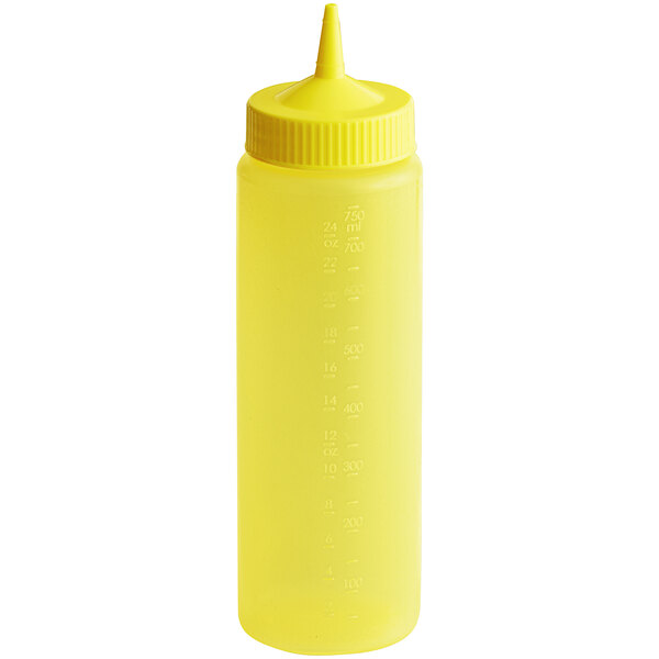 A yellow plastic Vollrath Color-Mate squeeze bottle with a pointy tip lid.