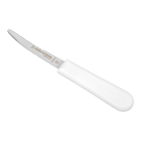 A silver Dexter Russell grapefruit knife with a white handle.