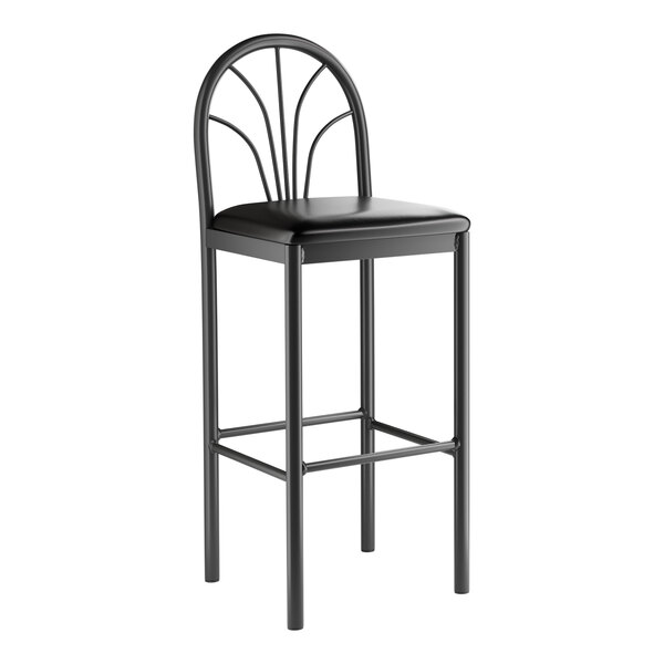 A Lancaster Table & Seating Spoke Back bar stool with a black vinyl seat.