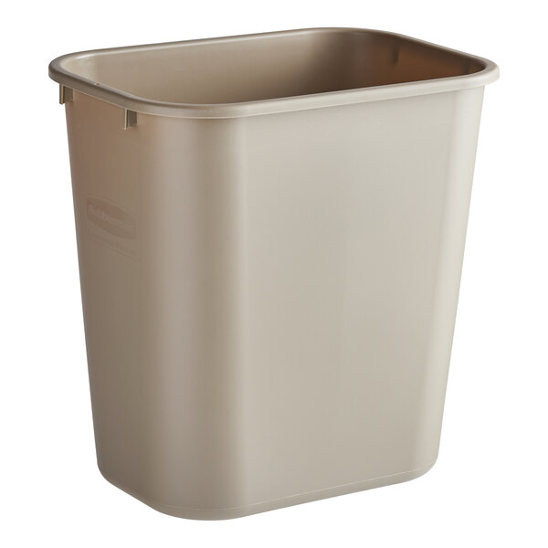 A beige Rubbermaid rectangular wastebasket.