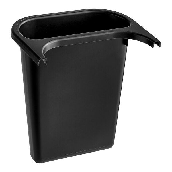 A black Rubbermaid plastic wastebasket with a handle.