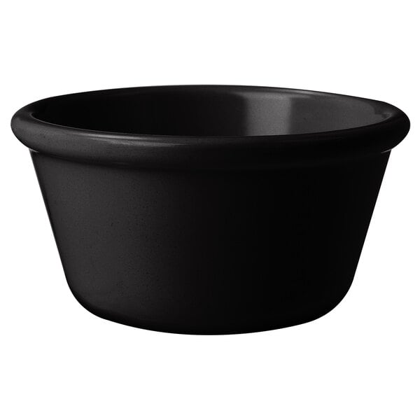 A black smooth melamine ramekin.