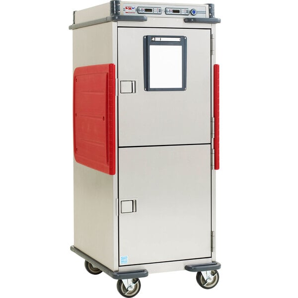 A grey and red Metro C5 holding cabinet with red doors.