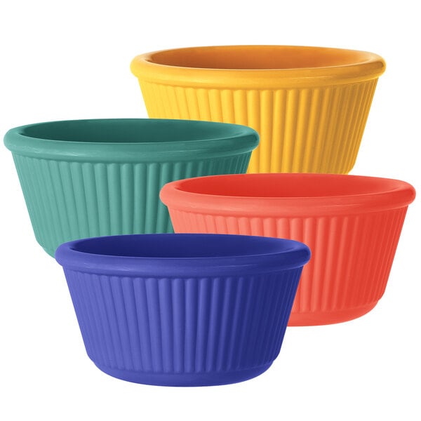 A group of colorful fluted melamine ramekins.