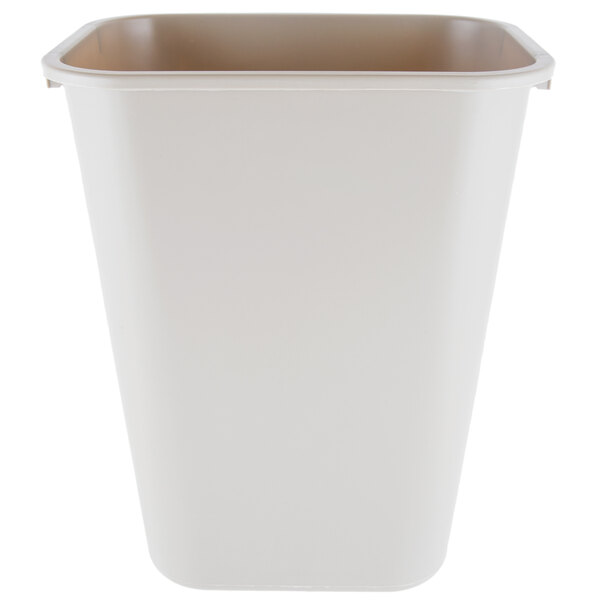 A beige Rubbermaid rectangular plastic trash can with a lid.