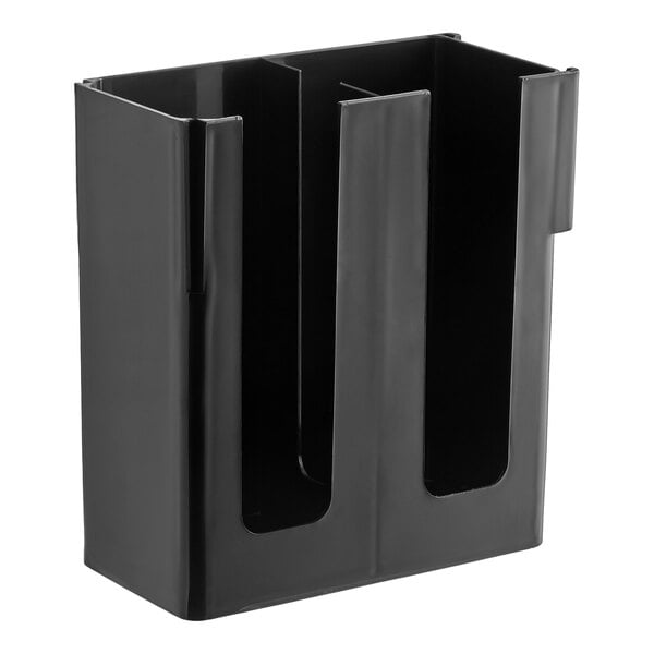 A black two-section countertop organizer for cups and lids.