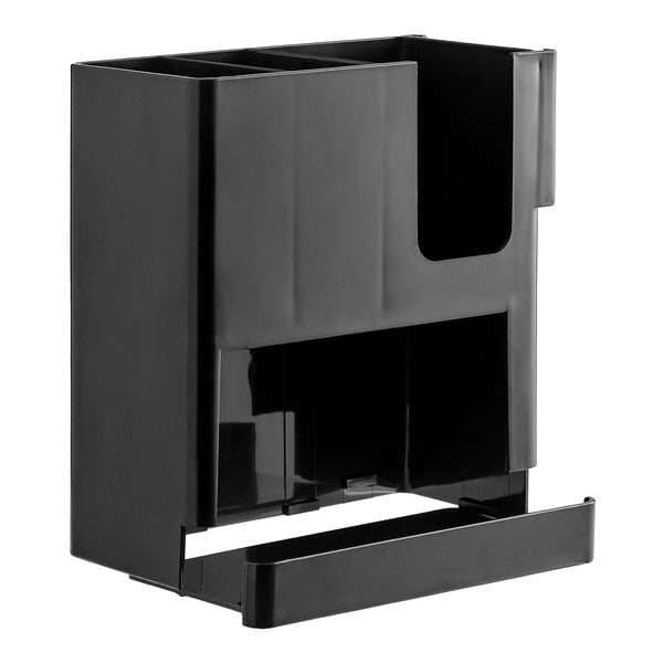 A black 4-section countertop organizer designed to hold cups, lids, and straws.