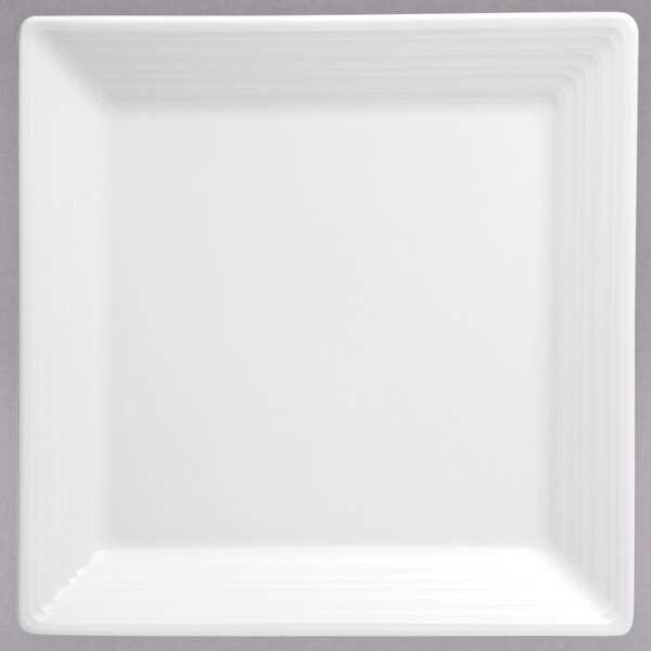 A white square Oneida porcelain plate with a white border.