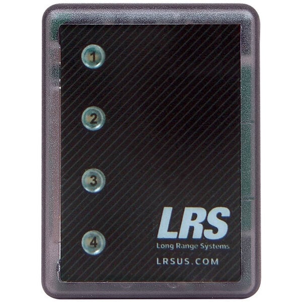 A close-up of a black LRS Staff Transmitter box with a button on it.