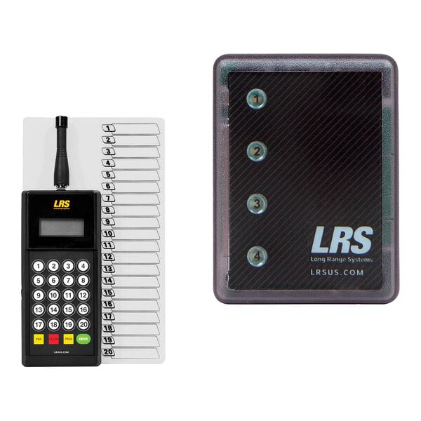A black rectangular LRS staff transmitter with silver buttons.