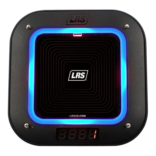 A black LRS Guest Pager Pro with blue LED lights in a fast food restaurant.