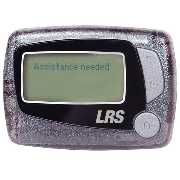 The screen of a LRS Pronto staff messaging pager displaying "assistance needed"