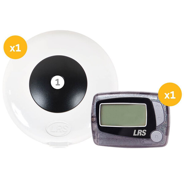 A close-up of a white LRS Pronto push-button transmitter with a black circle and a white circle inside.