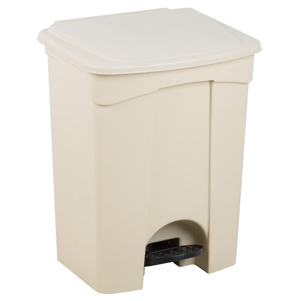 A beige rectangular step-on trash can with a lid and a handle.