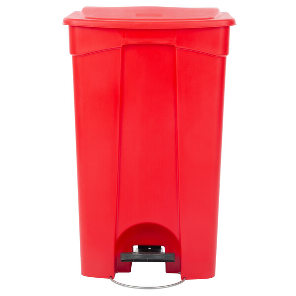 A red Lavex rectangular step-on trash can with a black pedal.