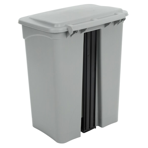 A Lavex grey plastic rectangular step-on trash can with a black lid.