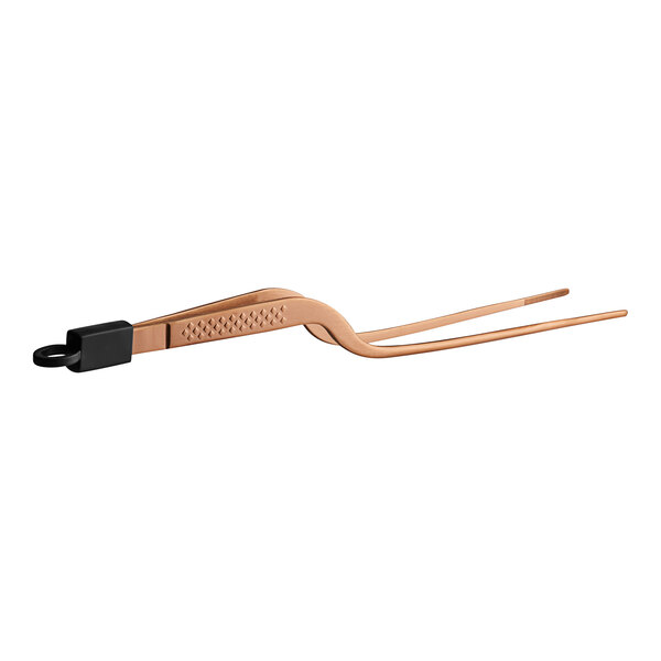 A pair of Mercer Culinary rose gold metal offset tip plating tongs.