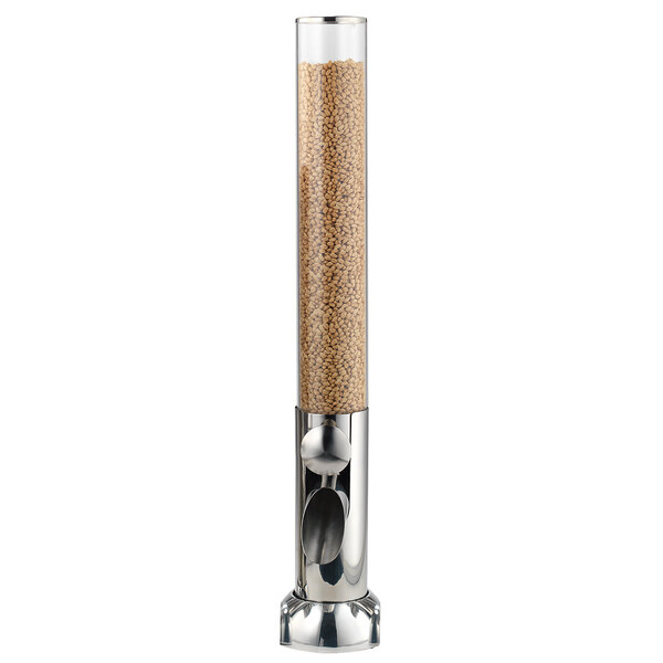 A Frilich acrylic dry food dispenser with a metal base.