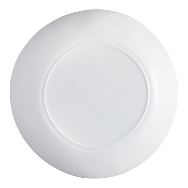 A white, round bowl shown from the bottom view.