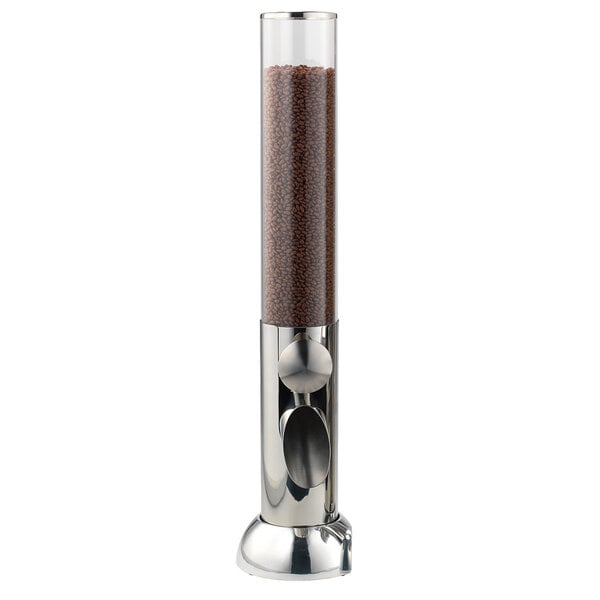 A Frilich acrylic dry food dispenser with a clear container full of brown grains.