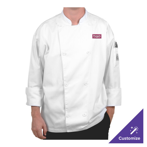 A man wearing a white Chef Revival long sleeve chef jacket with chef logo buttons.