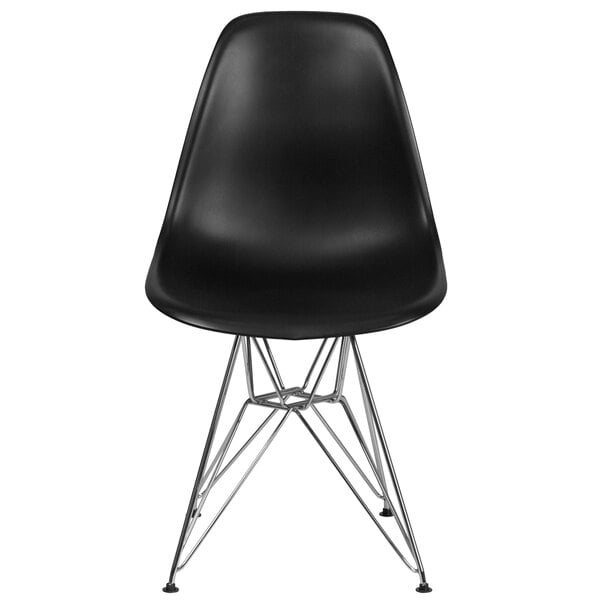 A Flash Furniture black plastic accent chair with metal legs.