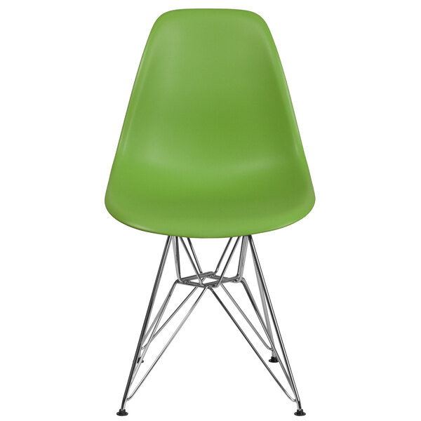 A Flash Furniture green plastic chair with metal legs.
