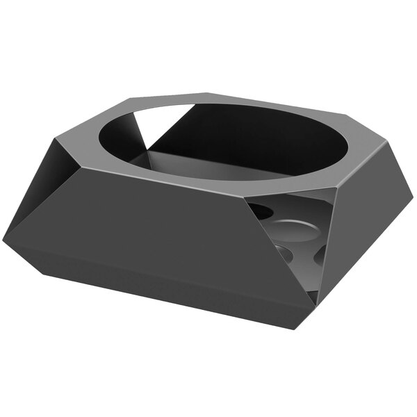 A black steel chafer stand with a hole in the middle.