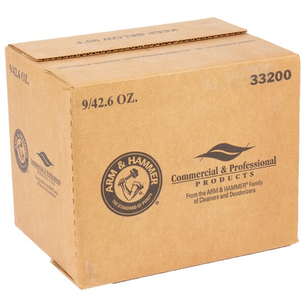 A brown box of Arm & Hammer Trash Can & Dumpster Deodorizer with black text.
