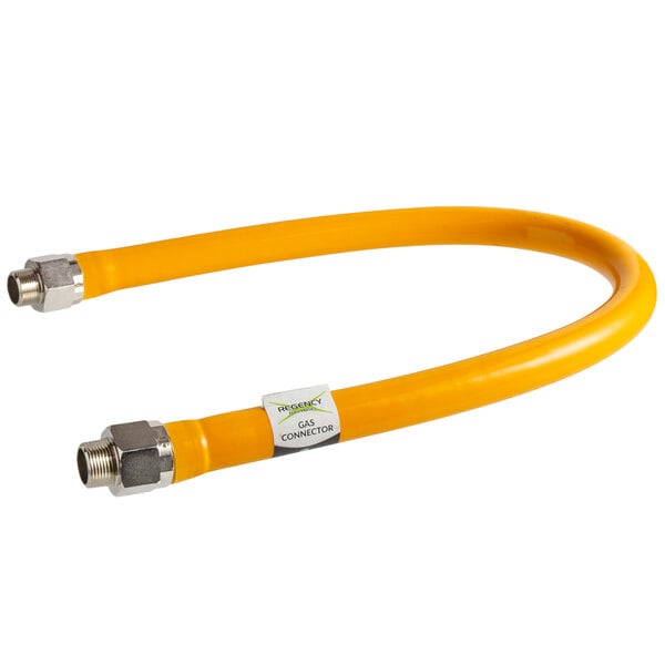 A yellow hose with silver metal connectors.