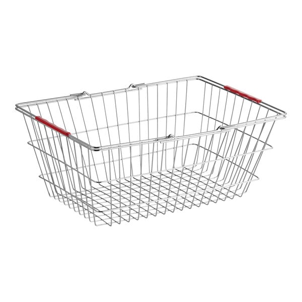 A rectangular chrome grocery shopping basket with red handles.