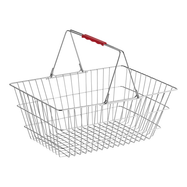 A chrome wire grocery shopping basket with a red plastic handle.
