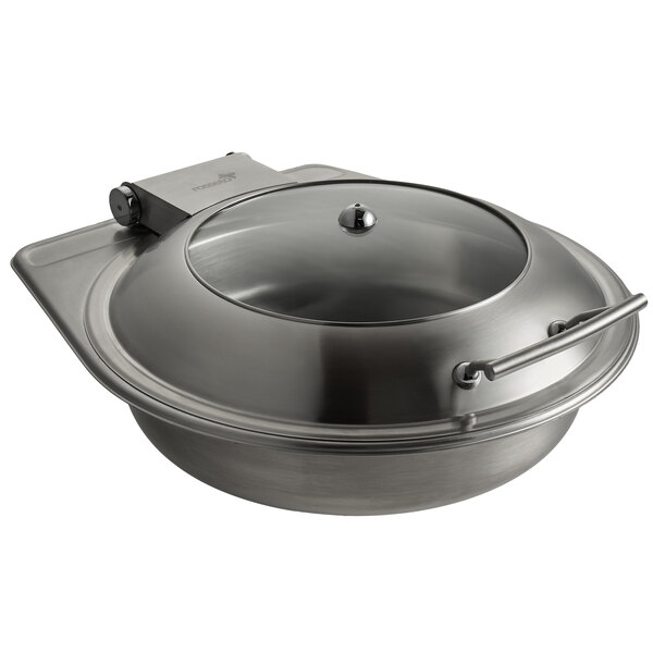 A Rosseto stainless steel round chafer with a lid.